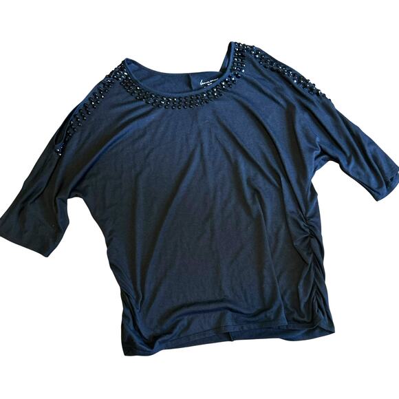 Lane Bryant Black Top 18/20 Cold Shoulder Ruched Sides Beaded Boho Chic Peasant - Picture 1 of 6